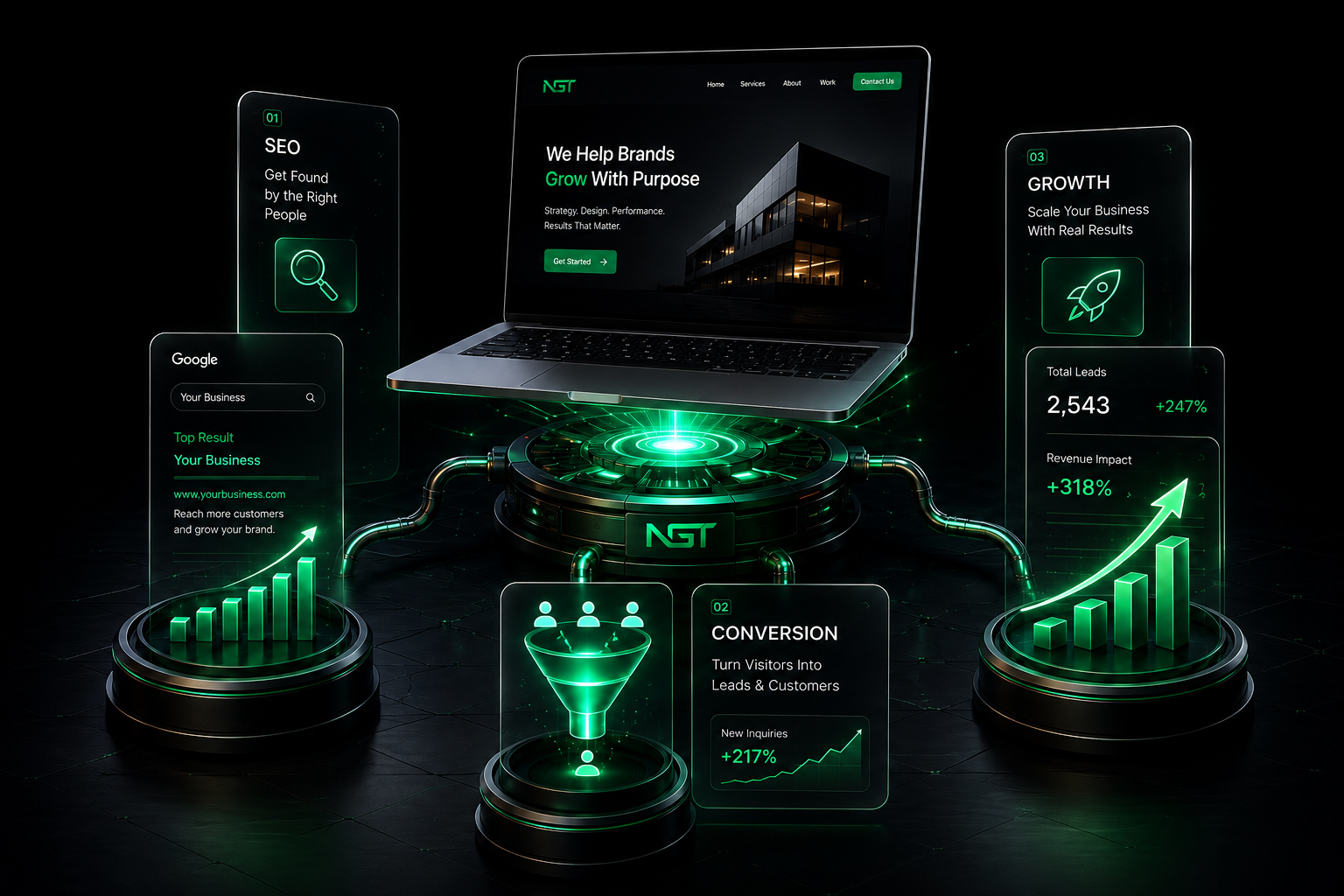 Holographic growth engine showing a website with SEO, conversion and growth dashboards